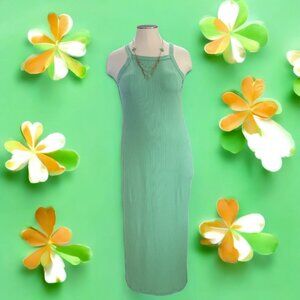 Fashion Nova Green Ribbed Midi Bodycon Dress Sleeveless, High Neck, Size Small